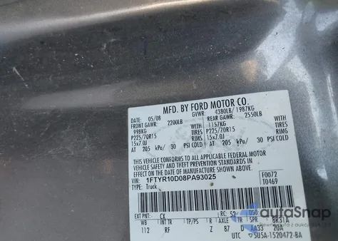 2008 Ford Ranger z USA, uszkodzony, nr VIN 1FTYR10D08PA93025